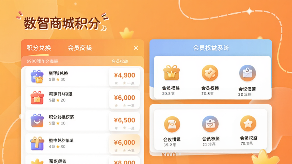 数智商城积分商城页面截图,展示积分兑换列表与会员权益图标,背景为暖色渐变,卡片式布局,风格活泼,画质干净,无多余元素