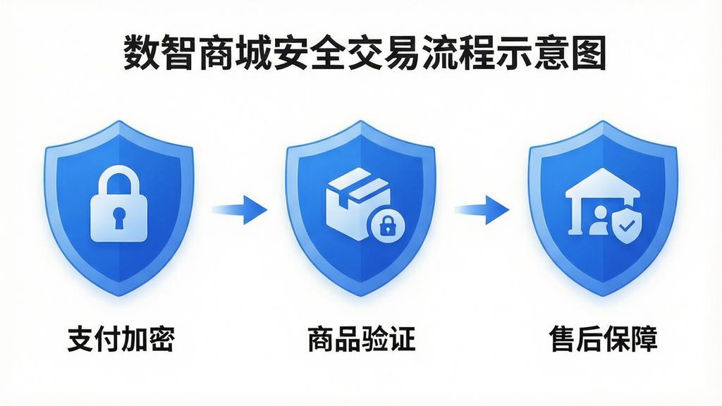 数智商城安全交易流程示意图,包含支付加密、商品验证、售后保障三个环节,图标风格简洁,蓝色盾牌元素突出安全感,背景白色,布局清晰,画质干净,无多余元素