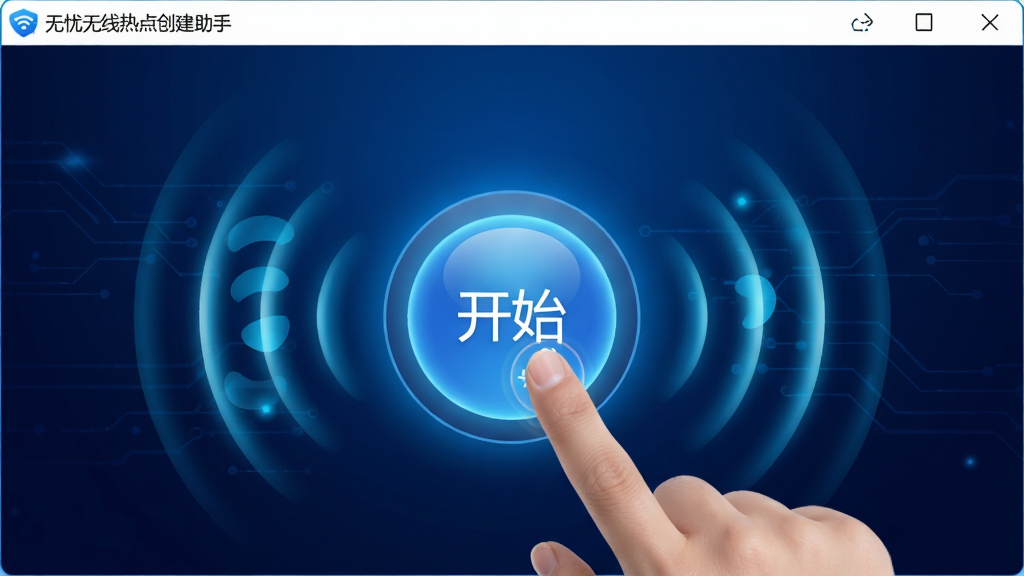 画面主体为“无忧无线热点创建助手”软件界面,中央一个醒目的圆形“开始”按钮,手指正在点击,周围放射状WiFi信号波纹,背景为深蓝科技感渐变,布局居中,风格炫酷,细节包含按钮发光效果与信号波纹动态感,画质高清,干净清爽,无多余元素。