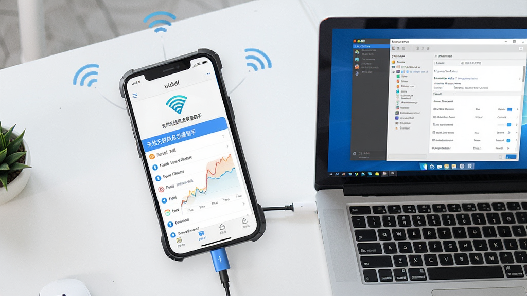 画面主体为手机连接电脑创建的热点WiFi,手机屏幕显示WiFi列表,高亮显示“无忧无线热点创建助手”热点名称,背景为干净办公桌面,布局为俯视角度,风格写实,细节包含手机屏幕内容与电脑屏幕上的软件界面,画质高清,无多余元素。