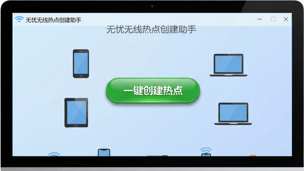 画面主体为“无忧无线热点创建助手”软件主界面在电脑屏幕上的特写,界面清爽简洁,中央醒目显示“一键创建热点”绿色按钮,周围环绕手机、平板、笔记本等设备图标,背景为柔和的浅蓝色渐变,整体布局居中,风格扁平化、现代感强,细节处突出按钮光泽与阴影,画质高清干净,无多余元素。