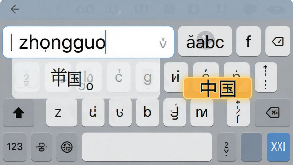 智能ABC输入法智能分词功能演示图,主体为输入框内显示拼音“zhongguo”及候选词“中国”,背景为虚拟键盘,布局左侧输入区右侧候选区,排版直观,风格扁平化,细节突出候选词高亮状态,画质干净清晰