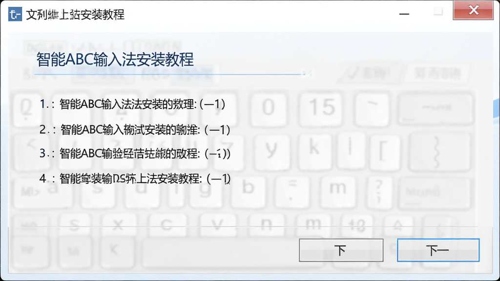 智能ABC输入法安装教程步骤截图,主体为安装向导界面,布局步骤清晰,排版有序,风格写实,细节展示“下一步”按钮,画质高清,干净简洁