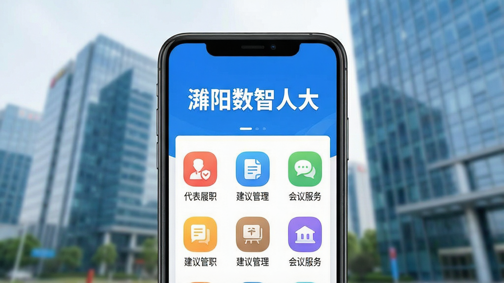 一张展示智能手机屏幕特写的图片,屏幕中央清晰显示“濮阳数智人大”APP的首页界面,界面风格简洁明亮,采用蓝色主题色调,顶部显示“濮阳数智人大”字样,下方分布着“代表履职”、“建议管理”、“会议服务”等彩色功能图标,背景为虚化的现代办公大楼环境,画面清晰,光线充足,突出APP的便捷性与专业性,画质干净,无多余元素