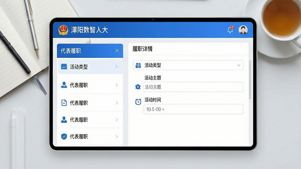一张横构图的应用界面设计图,界面主题为“濮阳数智人大”的履职记录功能,左侧显示“代表履职”列表,右侧为履职详情填写区域,包含“活动类型”、“活动主题”、“活动时间”等输入框,界面以蓝白配色为主,线条简洁,图标精致,背景为浅灰色的工作桌面,上面放有笔记本和茶杯,整体风格商务且现代,画面干净,无多余元素