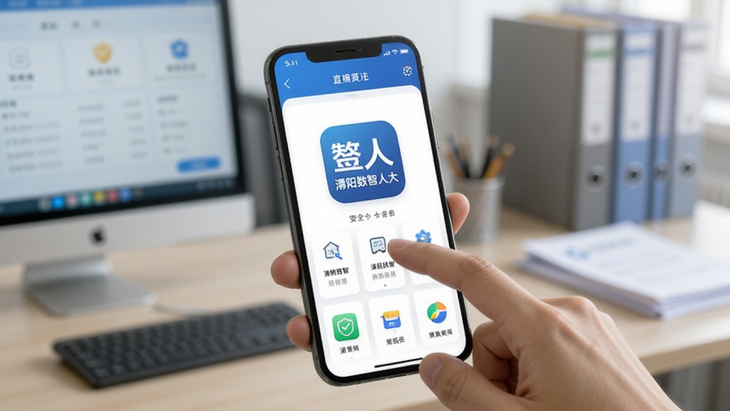 一张竖向的手机使用场景图片,一只手正拿着手机点击屏幕上的“濮阳数智人大”APP图标,手机屏幕显示应用的主界面,背景是模糊的室内办公环境,有电脑和文件资料,画面聚焦于手机屏幕,光线柔和,构图清晰,突出用户正在安全、便捷地使用该应用,画质干净,无多余元素