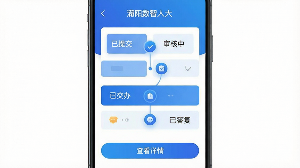 一张手机APP界面的正面展示图,屏幕显示“濮阳数智人大”的议案建议办理进度追踪页面,界面采用卡片式布局,清晰展示“已提交”、“审核中”、“已交办”、“已答复”等进度节点,当前节点高亮显示,页面底部有“查看详情”按钮,整体设计采用蓝色渐变色调,背景为纯白色,突出界面信息的清晰度与科技感,画质干净,无多余元素