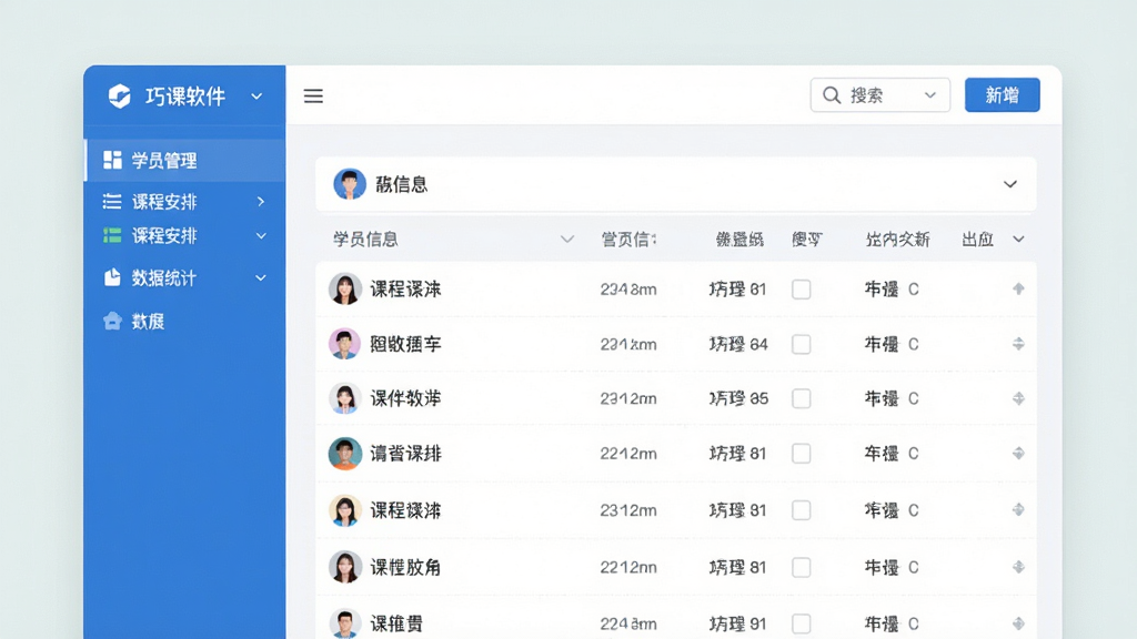 巧课软件主界面预览图,展示左侧导航栏包含学员管理、课程安排、数据统计等模块,中央为学员信息列表,右上角有搜索与新增按钮,整体界面简洁清晰,采用蓝白配色,现代扁平化设计风格,高清画质,干净无多余元素