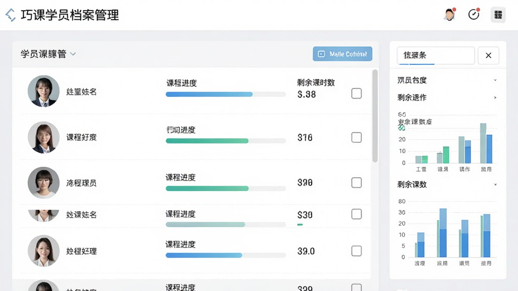 巧课学员档案管理界面,展示学员列表带有头像、姓名、课程进度条、剩余课时数,支持批量勾选操作,右侧有筛选条件面板,背景为浅灰色,整体布局清晰,数据可视化图表,现代商务风格,画质高清