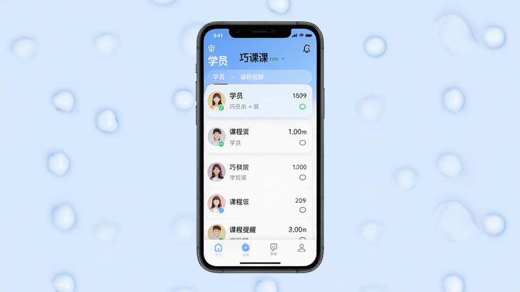巧课移动端应用界面展示,手机屏幕显示学员列表与课程提醒,背景为浅蓝色,手机模型居中,整体风格清新,现代UI设计,高清渲染