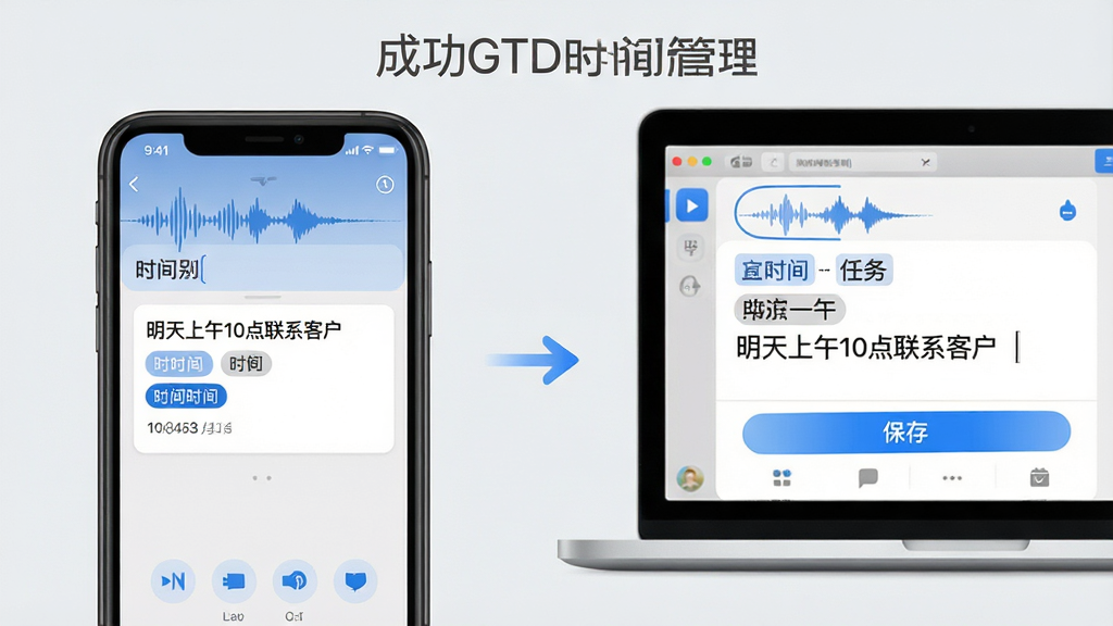 主体:手机与电脑并排展示“成功GTD时间管理”的快速记录功能,屏幕上显示语音输入波形和文字识别结果。布局:左侧为手机界面,右侧为电脑界面,中间用箭头连接表示同步。排版:界面展示输入框、识别出的时间标签和“保存”按钮。风格:清新简约,浅灰背景,蓝色点缀。细节:手机屏幕上显示“明天上午10点联系客户”被自动解析为带时间标签的任务卡片。画质:高分辨率,干净,无多余元素。