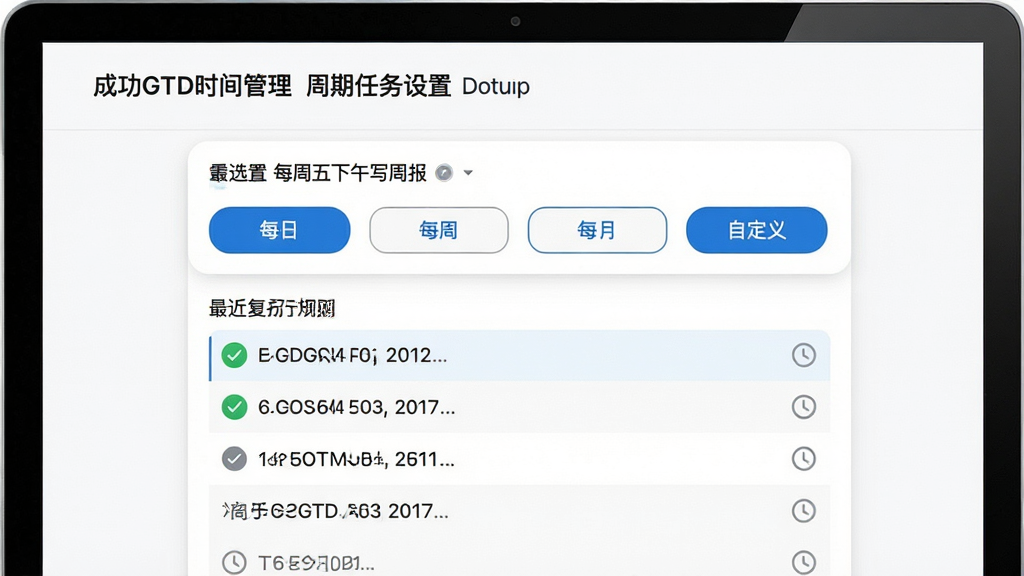 主体:“成功GTD时间管理”的周期任务设置界面,展示“每周五下午写周报”的重复规则选择器。布局:界面中央为重复周期选项(每日、每周、每月、自定义),下方为最近几次的执行日期列表。排版:简洁表单风格,蓝色主按钮。风格:清爽,白色背景,圆角卡片。细节:已完成的周期任务显示绿色对勾,未完成的显示灰色时钟图标。画质:干净,无多余元素。