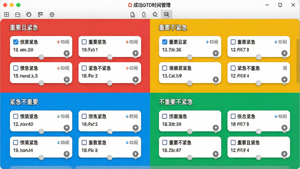 主体:“成功GTD时间管理”软件的四象限视图界面,四个彩色象限区域分别标注“重要且紧急”、“重要不紧急”、“紧急不重要”、“不重要不紧急”。布局:全屏展示四象限矩阵,每个象限内有若干任务卡片。排版:象限背景色分别为红、黄、蓝、绿,卡片白色圆角。风格:商务简洁,色彩鲜明。细节:任务卡片上带有复选框、时间标签和拖动手柄。画质:清晰,干净,无多余元素。