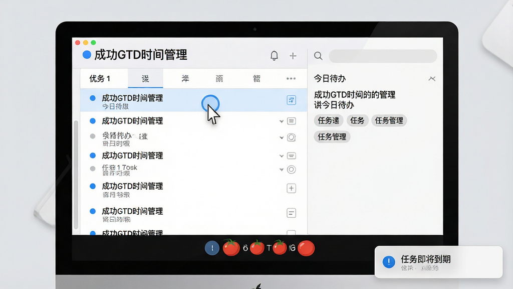 主体:电脑屏幕上显示“成功GTD时间管理”的今日待办界面,鼠标指针悬停在第一个任务上。布局:左侧为任务列表,右侧为详细信息面板,底部为番茄计时器。排版:任务列表用蓝色圆点标记优先级,右侧面板显示任务描述和标签。风格:商务办公风格,浅灰背景。细节:屏幕右下角弹出系统通知“任务即将到期”。画质:高清晰度,干净,无多余元素。