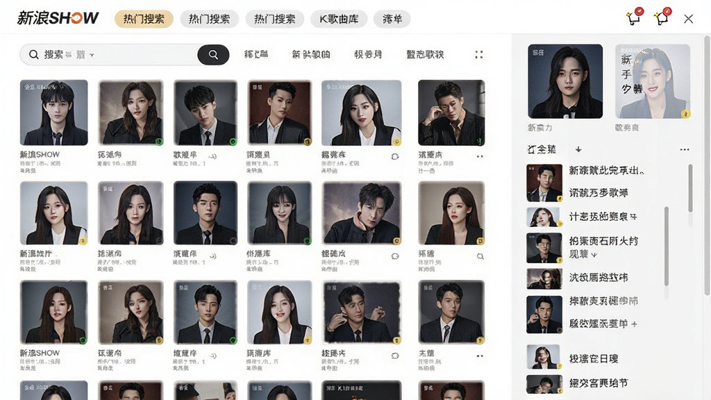 新浪SHOW海量K歌曲库界面预览图,展示歌曲搜索页面,歌单列表排列整齐,顶部有热门搜索标签,右侧显示歌曲封面与歌词滚动,整体设计简洁清爽,画质干净,无多余元素。
