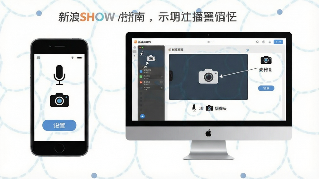 新浪SHOW使用指南示意图,画面展示手机与电脑同时运行软件,并标注出麦克风、摄像头、设置按钮等关键位置,风格简洁明了,画质干净,无多余元素。