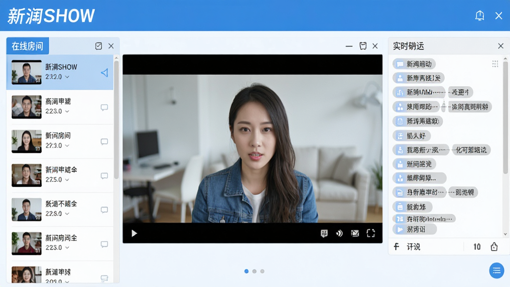 一张展示新浪SHOW主界面全景的预览图,界面包含左侧在线房间列表、中央高清视频互动窗口、右侧实时聊天弹幕区域,整体采用蓝白配色,风格现代明亮,布局清晰,画质干净,无多余元素。