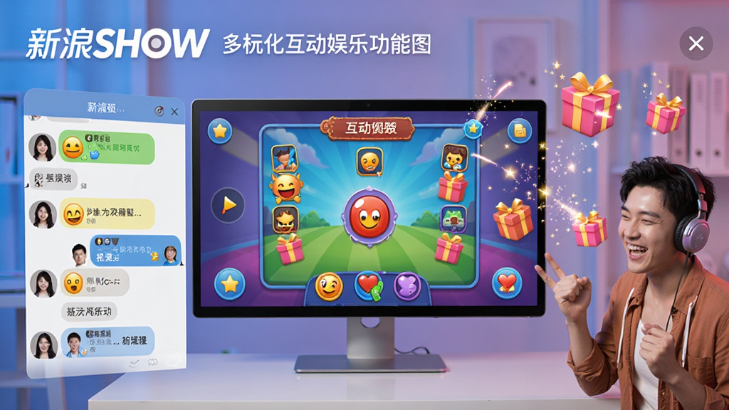 新浪SHOW多元化互动娱乐功能预览图,画面展示聊天室内用户发送表情、礼物特效,屏幕中央有互动游戏界面,气氛欢乐,界面色彩丰富,细节精致,画质干净,无多余元素。