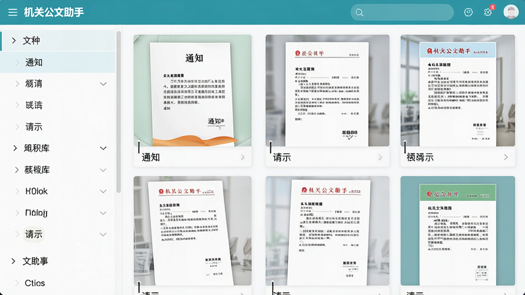 展示“机关公文助手”模板库界面,左侧为文种分类列表,右侧以网格形式展示精美模板缩略图,整体界面风格清新简洁,布局规整,细节标注“通知”、“请示”等字样,画质高清干净无多余元素
