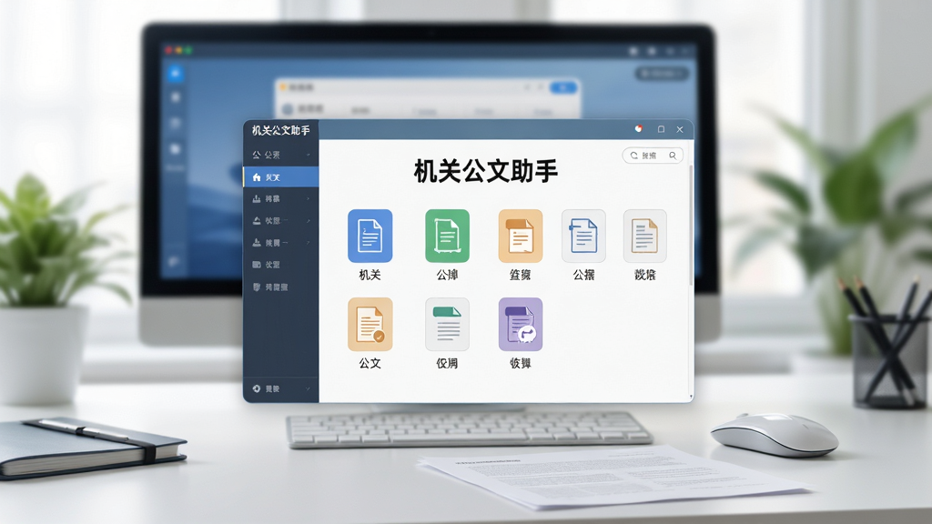画面主体为软件主界面悬浮于现代简约办公桌上,界面清晰展示“机关公文助手”字样及各类公文模板图标,背景为虚化的电脑屏幕与绿植,整体布局采用中心构图,风格写实明亮,细节包含鼠标与文件纸张,画质高清干净无多余元素