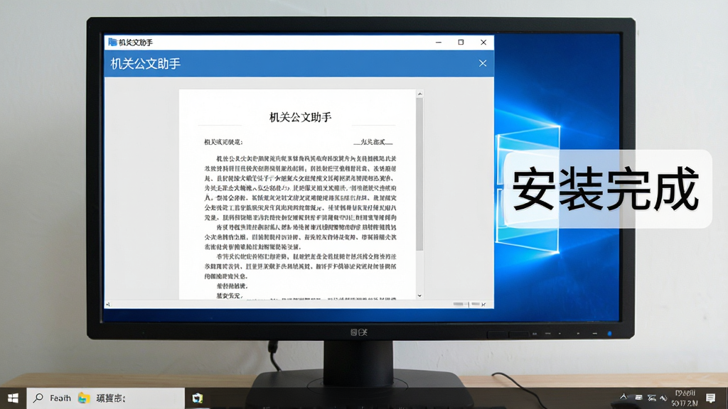 一张电脑屏幕截图,显示“机关公文助手”软件在Windows桌面上正常运行,界面清晰展示一篇已排好版的公文,旁边有文字标注“安装完成”,整体布局简洁,风格写实,画质高清干净无多余元素