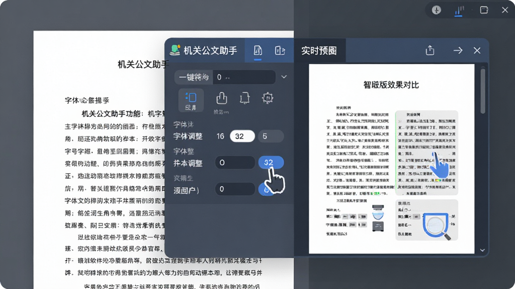 特写软件智能排版功能界面,“机关公文助手”工具栏悬浮于一份未排版的文档上方,一键点击后右侧实时预览排版效果对比,风格扁平化,布局左右对称,细节展示字体字号调整参数,画质清晰干净无多余元素