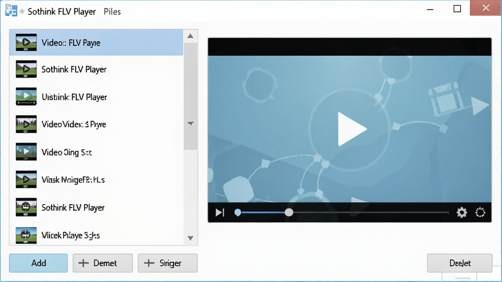 Sothink FLV Player播放列表界面,左侧为视频文件名列表,右侧为预览窗口,列表下方有添加、删除、排序按钮,整体布局清晰,色彩柔和,风格扁平化,画质干净