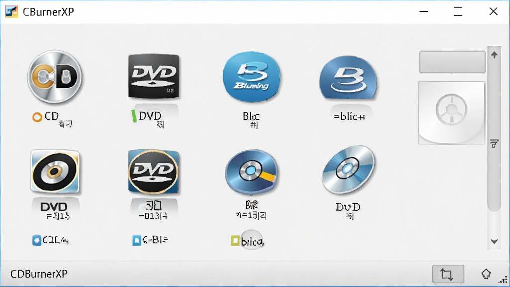CDBurnerXP软件界面截图,显示多种光盘格式选项,包括CD、DVD、蓝光图标,排列整齐,背景浅灰,画质清晰,干净无多余元素