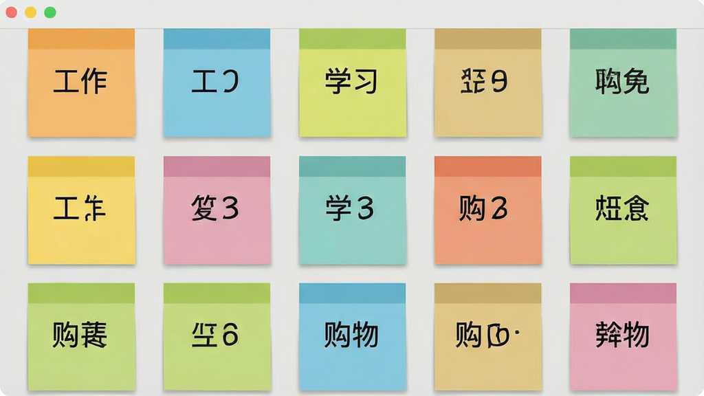 一张桌面记事贴软件的界面预览图,画面中展示多张不同颜色的便签贴纸,分别标记“工作”、“学习”、“购物”等分类,布局整齐,风格扁平化,背景为浅灰色,画质清晰,文字可辨,干净无多余元素