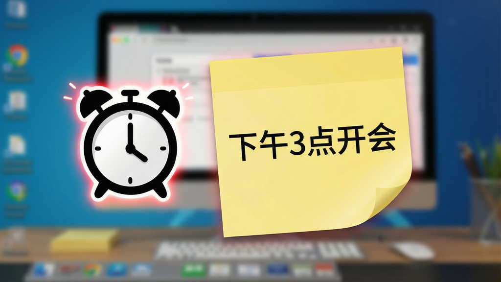 一张桌面记事贴的提醒功能演示图,画面中一张黄色便签贴纸旁边有一个闹钟图标,贴纸内容为“下午3点开会”,界面带有闪烁效果,背景为虚化的电脑桌面,风格写实,画质高清,突出提醒的视觉反馈,无多余元素