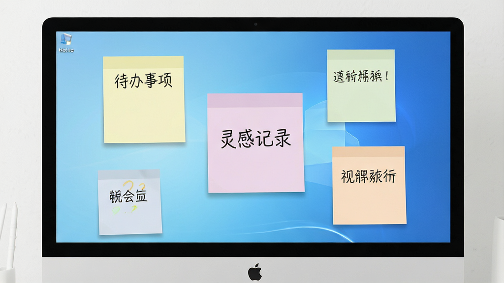一张高清的电脑桌面截图,屏幕中央悬浮着几张色彩柔和的方形记事贴纸,贴纸上写有“待办事项”、“灵感记录”等中文文字,整体风格简洁明亮,桌面背景为干净的渐变蓝色,画质清晰,细节丰富,无多余元素