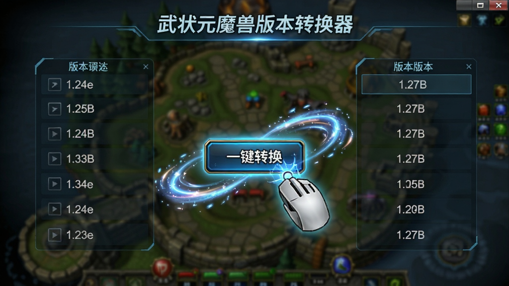 一张展示“武状元魔兽版本转换器”一键切换版本过程的截图,画面中鼠标点击“一键转换”按钮,周围有动态流光特效,版本列表从1.24e快速切换到1.27B,界面风格科技感十足,背景为魔兽争霸游戏地图的模糊效果,布局居中,排版清晰,画质干净,细节丰富。