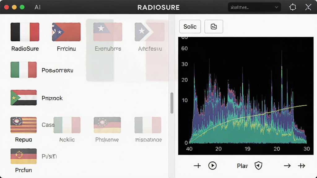 RadioSure������̨�б����棬չʾ������ҹ���ͼ��͵�̨���ƣ��Ҳ���ʾ��ǰ���ŵ�Ƶ��ͼ���������������ִ���ǿ�����廭�ʣ��ɾ��޶���Ԫ��