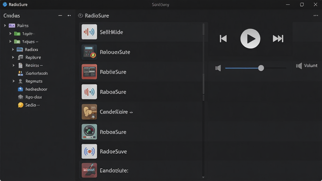 RadioSure�����������ͼ��չʾ���Ĳ��������ֺ͵�̨�б��������������Ҳಥ�ſ��������������飬���������ɫ���⣬�ִ���ƽ����Ʒ�񣬸��廭�ʣ�����ɾ��޶���Ԫ��