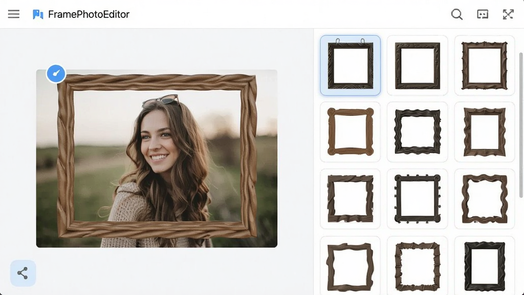FramePhotoEditor �߿�ģ��ѡ����棬�Ҳ�չʾ���ֲ�ͬ�����������ͼ�����Ϊ��ǰ��ƬӦ�ñ߿���Ч��������������ͼ��������������Ƽ�࣬���ʸɾ�