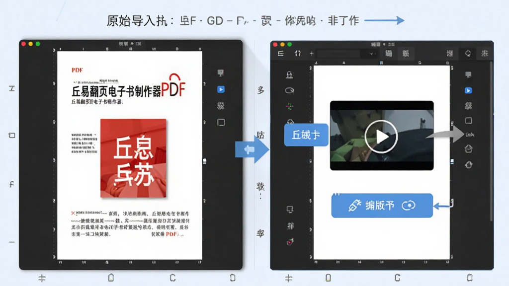 ���׷�ҳ����������������չʾͼ��չʾ��PDF���뵽�༭�Ű�Ĺ��̣����ΪԭʼPDFҳ�棬�Ҳ�Ϊ�༭���棬����ק������Ƶ�����ӵĲ���ʾ�⣬����ƽ����ɫ��������ͻ�������๦�����ԣ������������ɾ����޶���Ԫ��