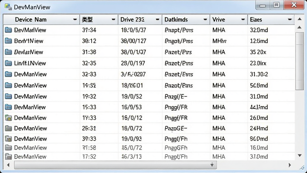 DevManView设备列表截图,展示多列属性表格,包含设备名称、类型、驱动版本等列,数据排列整齐,界面清晰,浅色背景,高画质,无多余元素