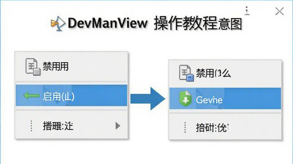 DevManView操作教程示意图,展示右键菜单选项,如禁用、启用、导出,步骤箭头指示,简洁教学风格,高清晰度,干净背景