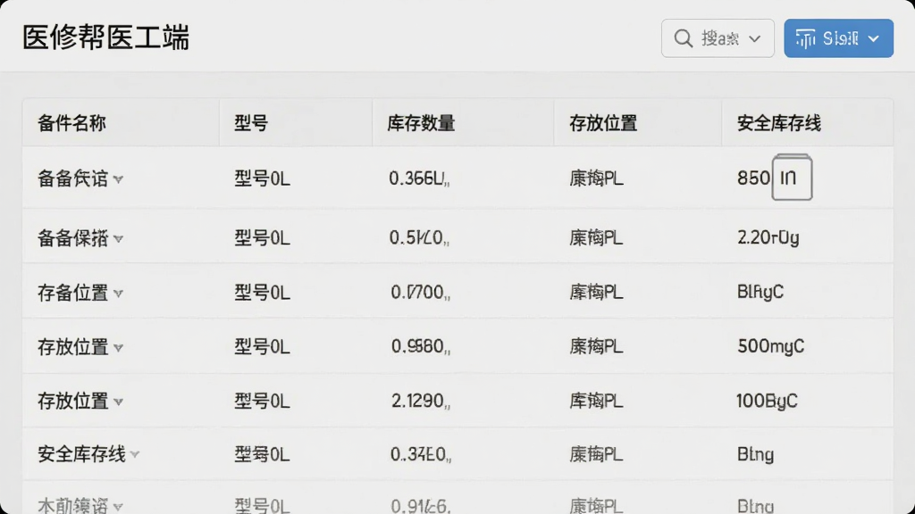 医修帮医工端app的备件库存管理界面截图,包含备件名称、型号、库存数量、存放位置、安全库存线等表格信息,页面采用浅灰背景,数据清晰排列,右上角有搜索和筛选按钮,整体风格简约商务,画质干净,无多余元素