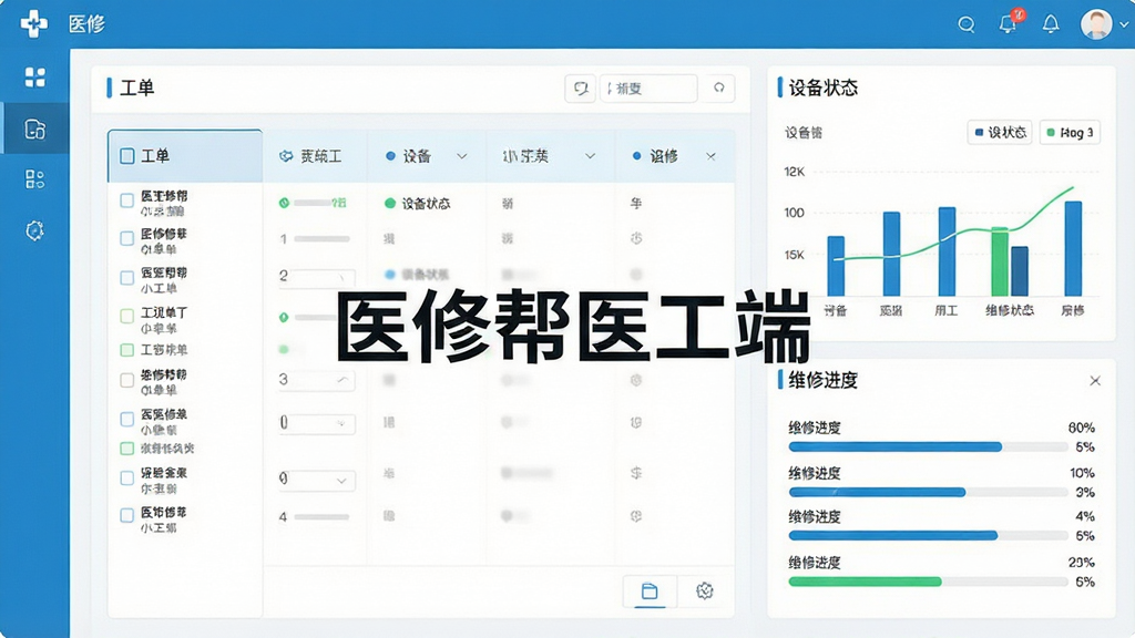 一张展示医修帮医工端软件主界面的高清截图,界面包含工单列表、设备状态图表、维修进度条等核心模块,整体布局简洁清晰,色彩以医疗蓝和白色为主,风格专业现代,画质细腻干净,无多余元素,屏幕中央显示“医修帮医工端”字样