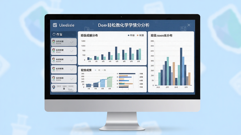 轻松教化学学情分析界面,主体为电脑屏幕展示数据图表和班级成绩分布,左侧为作业列表,右侧为柱状图,背景为浅蓝色,布局清晰,风格商务,细节丰富,画质高清,干净无多余元素