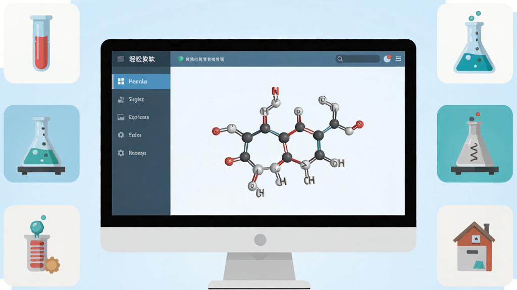 轻松教化学软件界面,主体为电脑屏幕显示化学分子结构3D模型,周边环绕试管、烧杯等实验器材的扁平图标,背景为淡蓝色渐变,布局清晰,左侧导航栏,右侧主展示区,风格简洁现代,细节丰富,画质高清,干净无多余元素