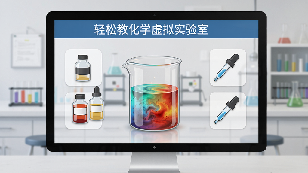 轻松教化学虚拟实验室界面,主体为电脑屏幕显示虚拟烧杯中液体变色,旁边有试剂瓶和滴管图标,模拟操作交互,背景为浅灰色实验室场景,布局清晰,风格写实,细节丰富,画质高清,干净无多余元素