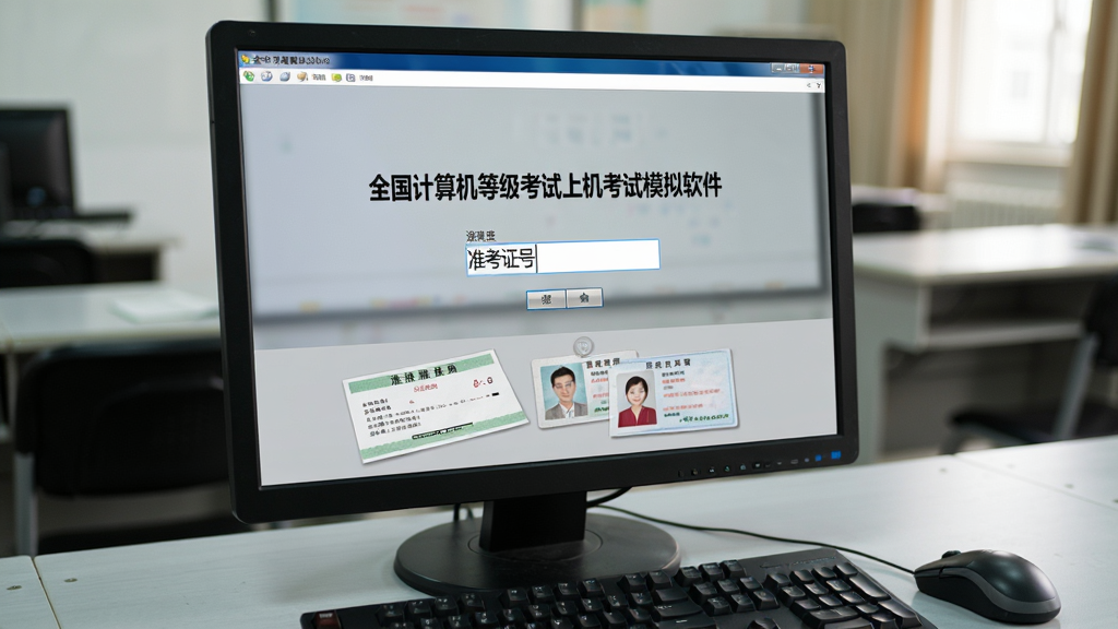 特写“全国计算机等级考试上机考试模拟软件”的考试登录界面,屏幕中央显示准考证号输入框,背景为浅灰色考场环境,桌上放有准考证和身份证,灯光柔和,整体风格写实,细节包括键盘鼠标和显示器边框,画质干净清晰