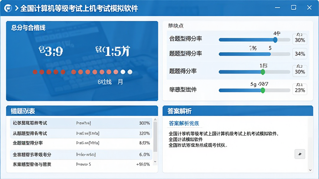 展示“全国计算机等级考试上机考试模拟软件”的成绩报告页面,左侧显示总分与合格线,右侧列出各题型得分率,下方为错题列表和答案解析区域,整体设计简洁,色彩以蓝白为主,细节包括图表和进度条,画质高清