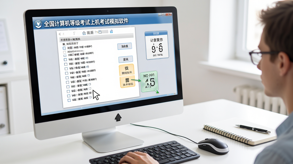 展示“全国计算机等级考试上机考试模拟软件”在电脑上运行的操作场景,用户正在点击选择题选项,屏幕上显示答题卡和计时器,桌面整洁,周围有笔记本和笔,整体风格明亮,细节包括鼠标指针和界面高亮,画质干净