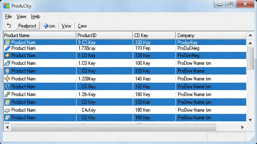图片整体展示ProduKey主界面,界面布局清晰,上方菜单栏包含File、View、Help等选项,中间列表显示产品名称、产品ID、CD Key和公司名称等列,采用Windows经典蓝白配色,风格简洁专业,画质干净,无多余元素