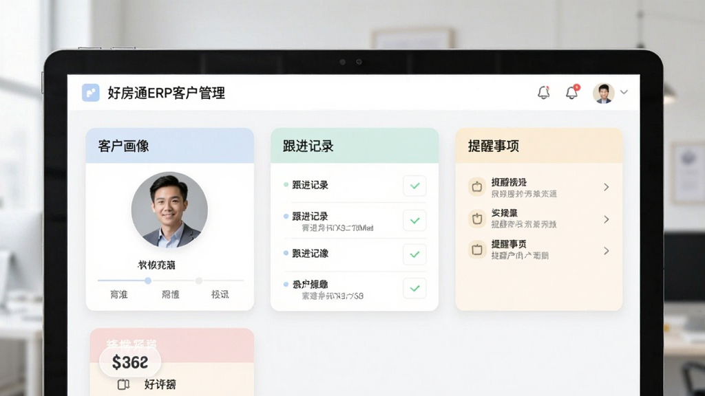 好房通ERP客户管理界面展示,包含客户画像、跟进记录、提醒事项,界面采用卡片式布局,色彩柔和,风格现代,画质清晰,干净无多余元素。