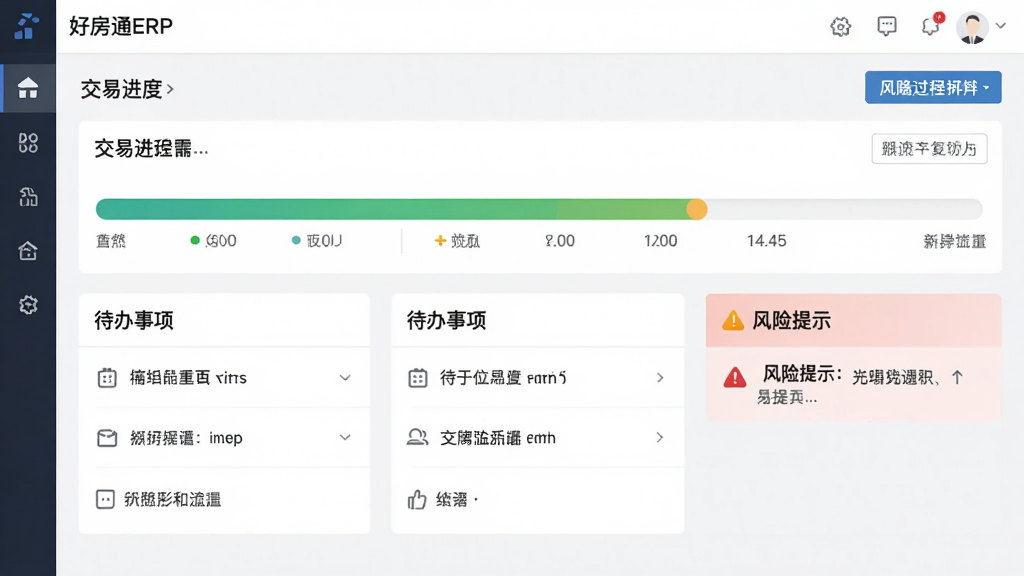 好房通ERP交易流程管理界面,展示交易进度条、待办事项、风险提示,界面信息层级分明,配色专业商务,画质高清,干净无多余元素。