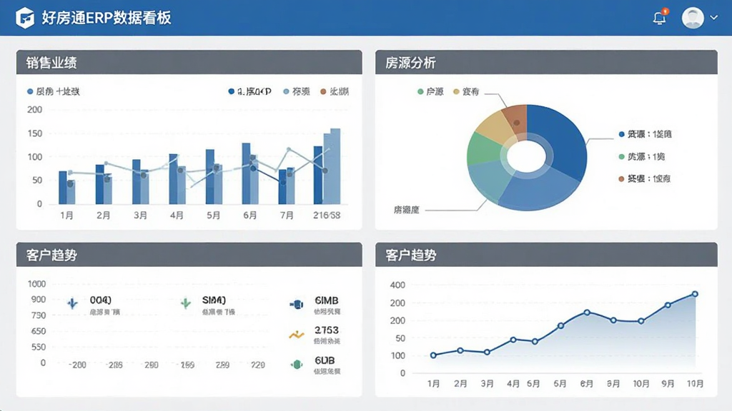 好房通ERP数据看板界面,展示销售业绩图表、房源分析饼图、客户趋势曲线,整体风格大气商务,蓝灰配色,画质高清,干净无多余元素。